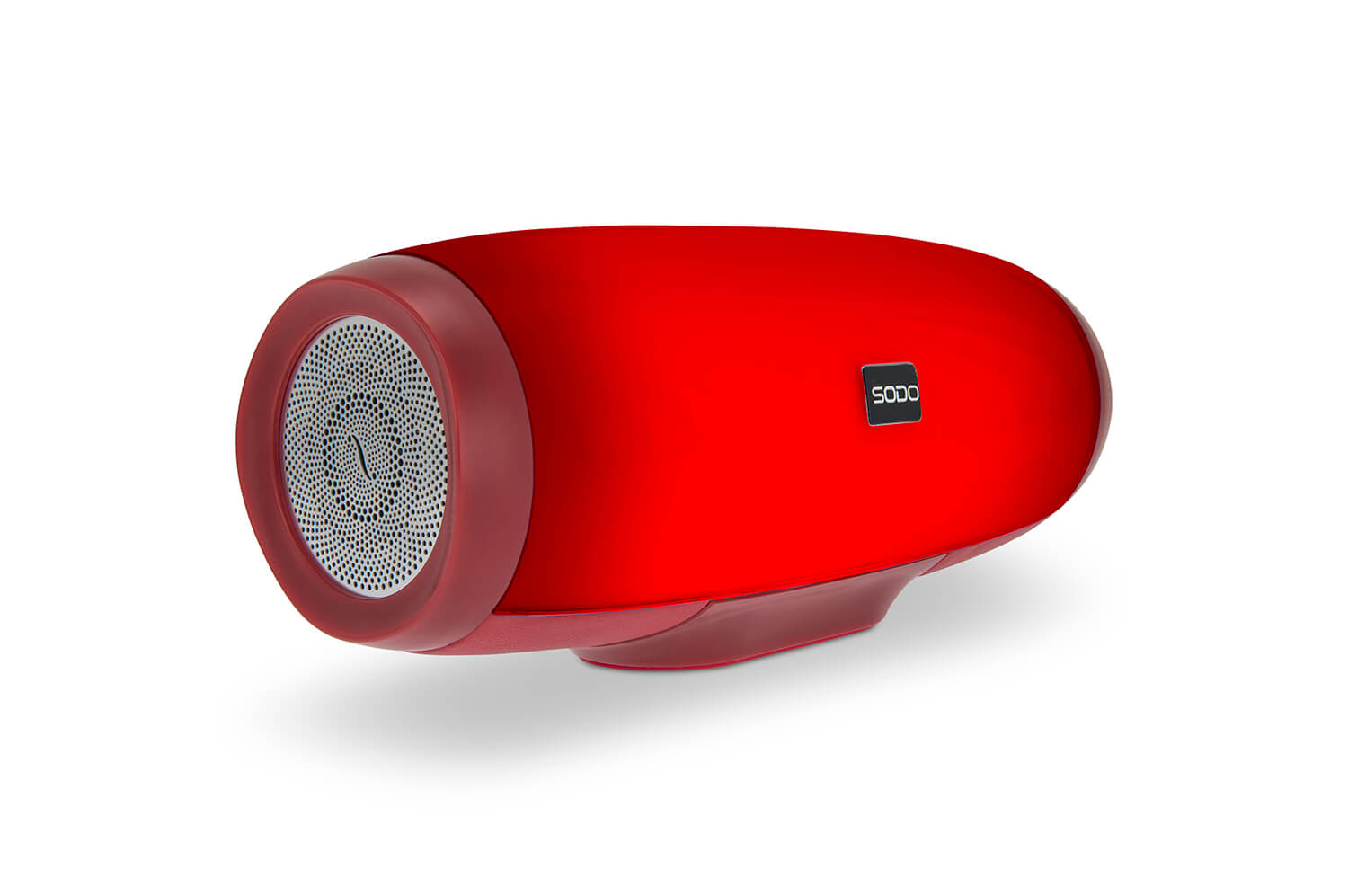 Product photograph of a bluetooth speaker with a red llight