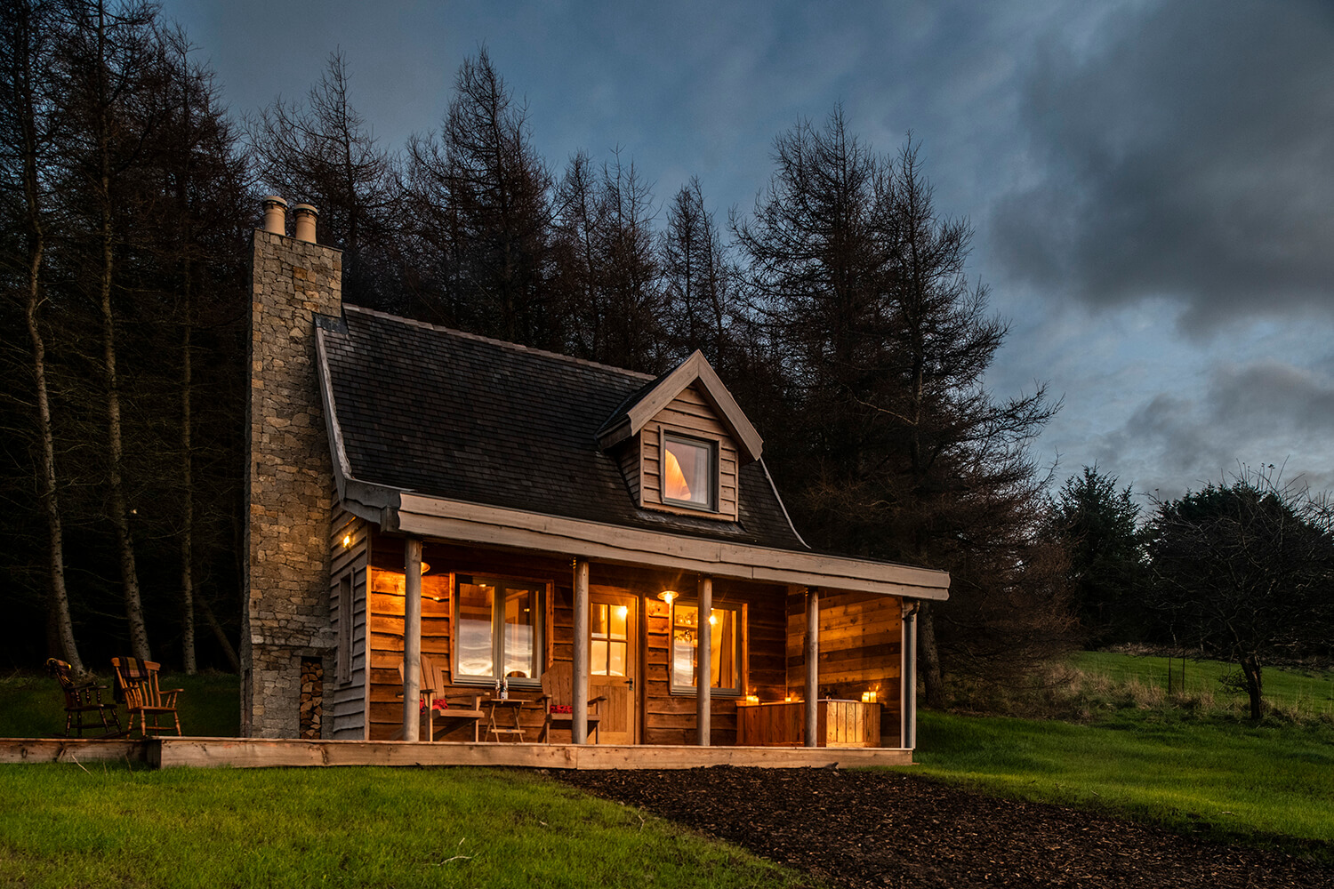 Exterior of holiday cabin taken at dusk by Glasgow architectural photographers Blink Imaging.