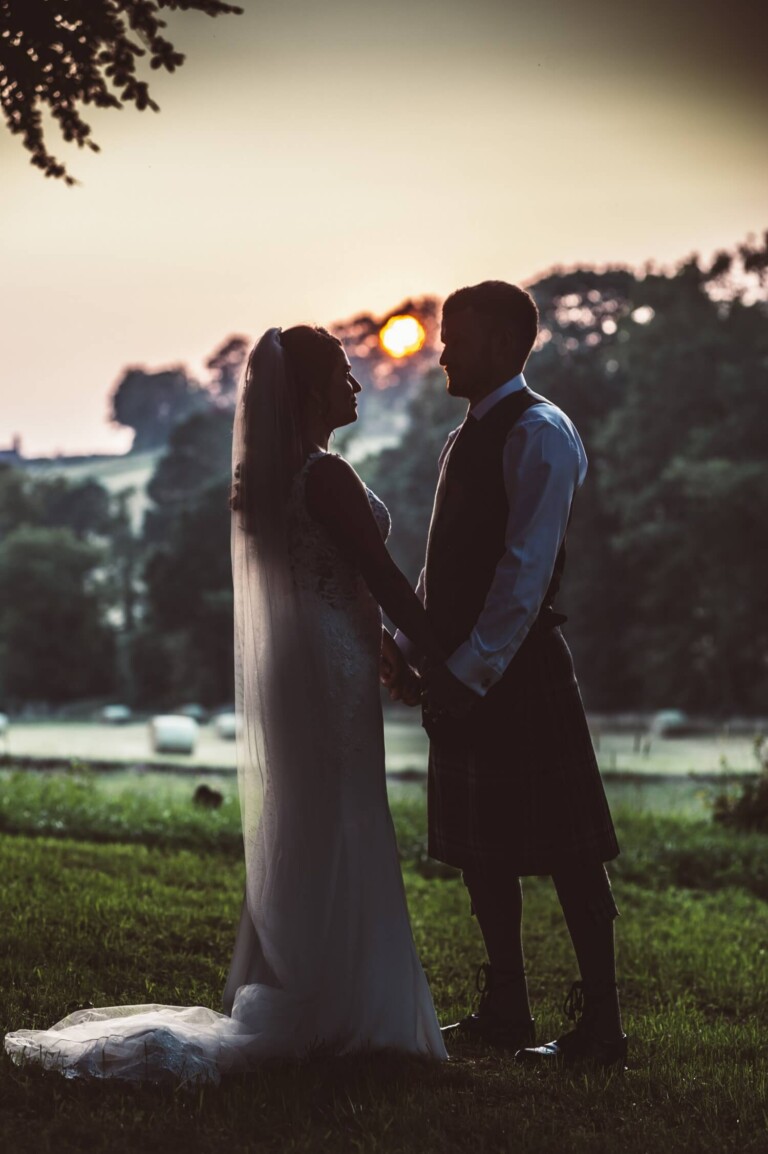 Bride and groom in natural evening light by Glasgow wedding photographers Richard Campbell Photography